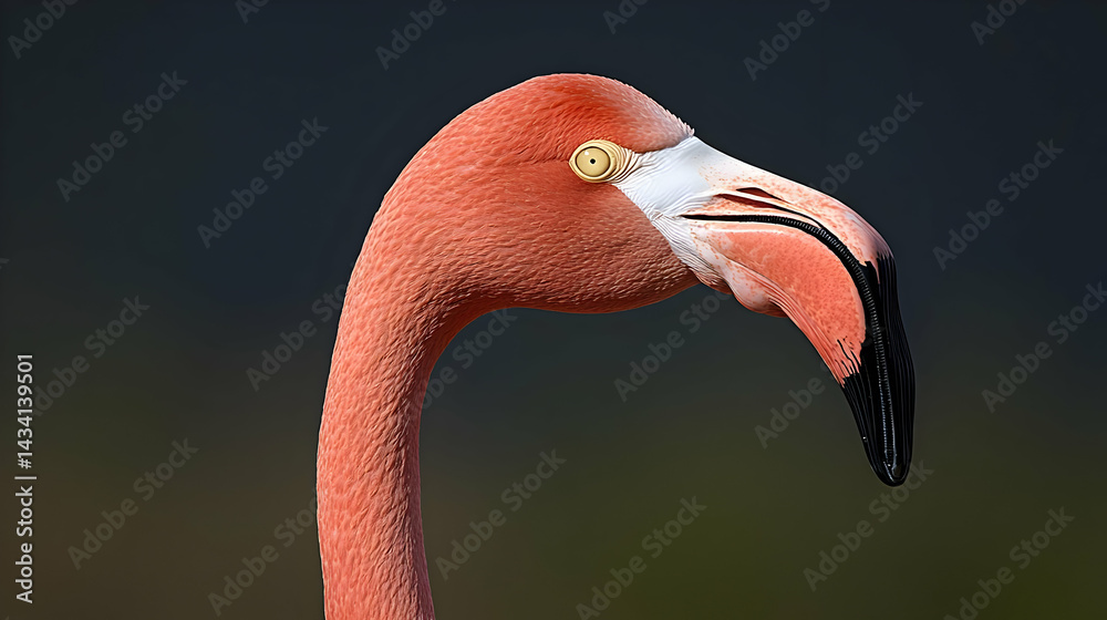 Fototapeta premium Close Up Portrait Of A Pink Flamingo With Elegant Curved Neck Against A Dark Background Showing Detailed Feathers And Delicate Beak