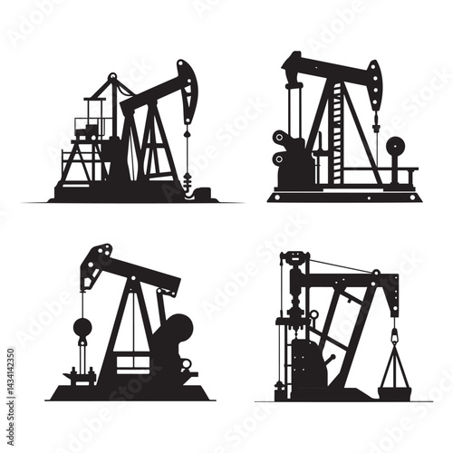 Oil Pump Jack Machine Set Vector Silhouette. Industrial Energy Equipment Illustration