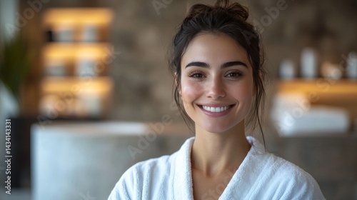 Smiling woman in spa robe