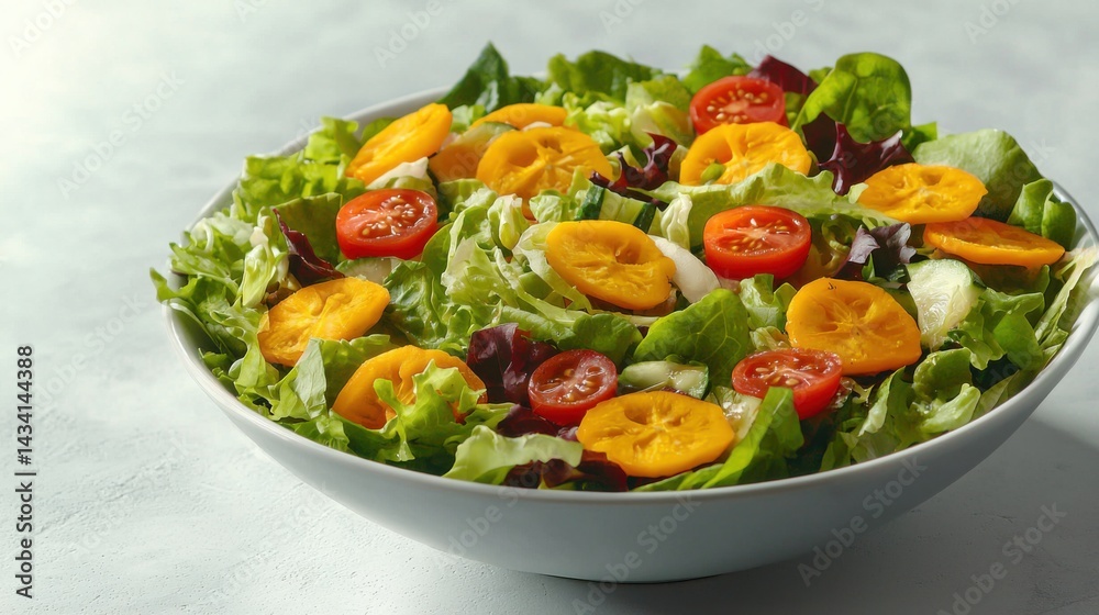Fresh colorful salad with mixed greens cherry tomatoes yellow and red baby heirloom tomatoes sliced feta cheese in a white ceramic bowl on light background Fresh colorful salad with mixed greens cherry tomatoes yellow and red baby heirloom tomatoes sliced feta cheese in a white ceramic bowl on light background