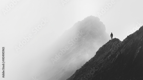 Man climbing a mountain in the mist. Conquering the summit even though the route is not always easy. Artistic monotone black and white photography.