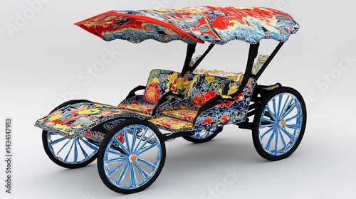 Ornate two-seater carriage with colorful patterned canopy and wheels