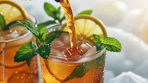 Refreshing Iced Tea: Lemon, Mint, and Ice in a Sunlit Glass