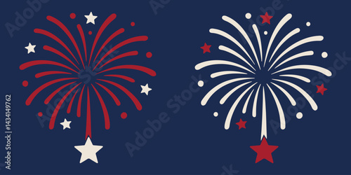 Patriotic themed fireworks illustration in red, white, and blue with stars on a dark background, for Independence Day or celebrations. 4 july banner. Memorial day and Veteran day. Vector illustration