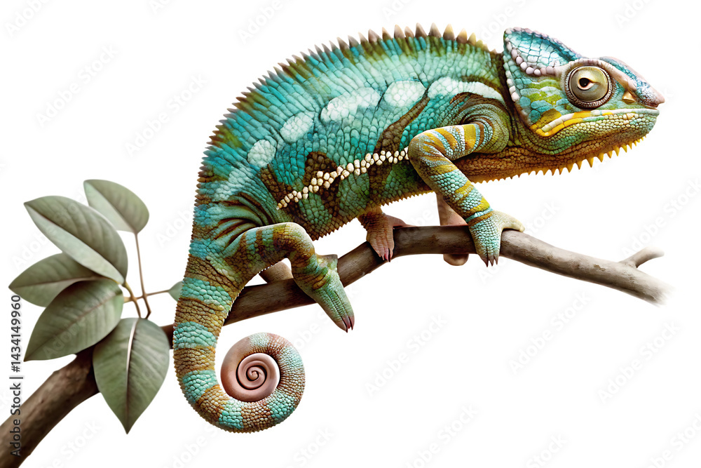 Fototapeta premium colorful chameleon perched on a branch in nature isolate on white background PNG
