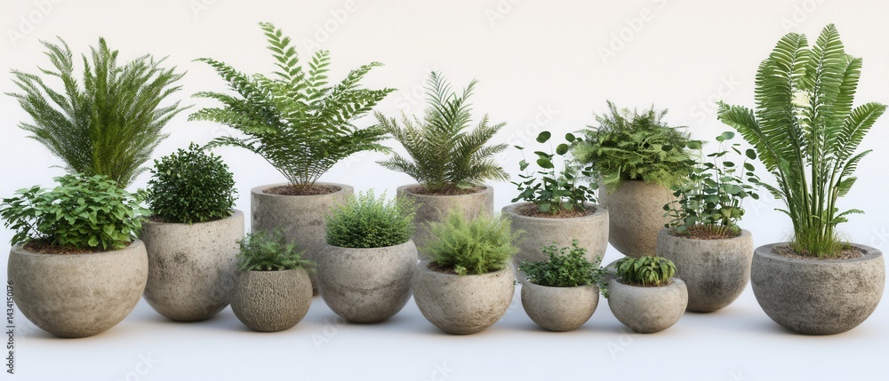Lush Green Plants in Concrete Pots on White Backdrop Showcasing Botanical Variety and Minimalist Aesthetic in a Studio Setting with Natural Light Lush Green Plants in Concrete Pots on White Backdrop Showcasing Botanical Variety and Minimalist Aesthetic in a Studio Setting with Natural Light