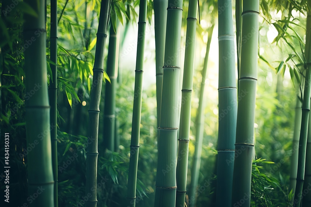 Fototapeta premium Lush Green Bamboo Forest Serene Nature Photography, Tranquil Bamboo Grove, Picturesque Bamboo Plants, Asian Bamboo Landscape, Vibrant Green Bamboo Stalks