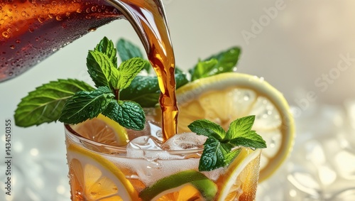 Refreshing Iced Tea: Lemon, Mint, and Ice in a Sunlit Glass