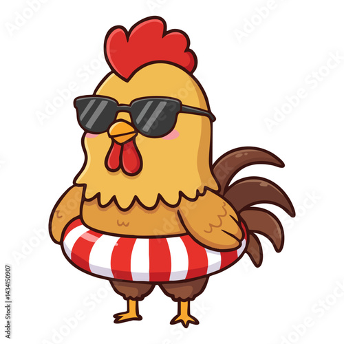 Rooster wearing sunglasses and swim ring
