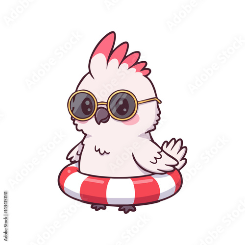 cockatoo wearing sunglasses and swim ring