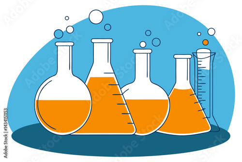 Laboratory Glassware:  A collection of beakers, flasks, and a graduated cylinder filled with an orange liquid, bubbling gently, sits on a dark blue surface against a light blue backdrop.