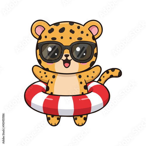 Leopard wearing sunglasses and swim ring