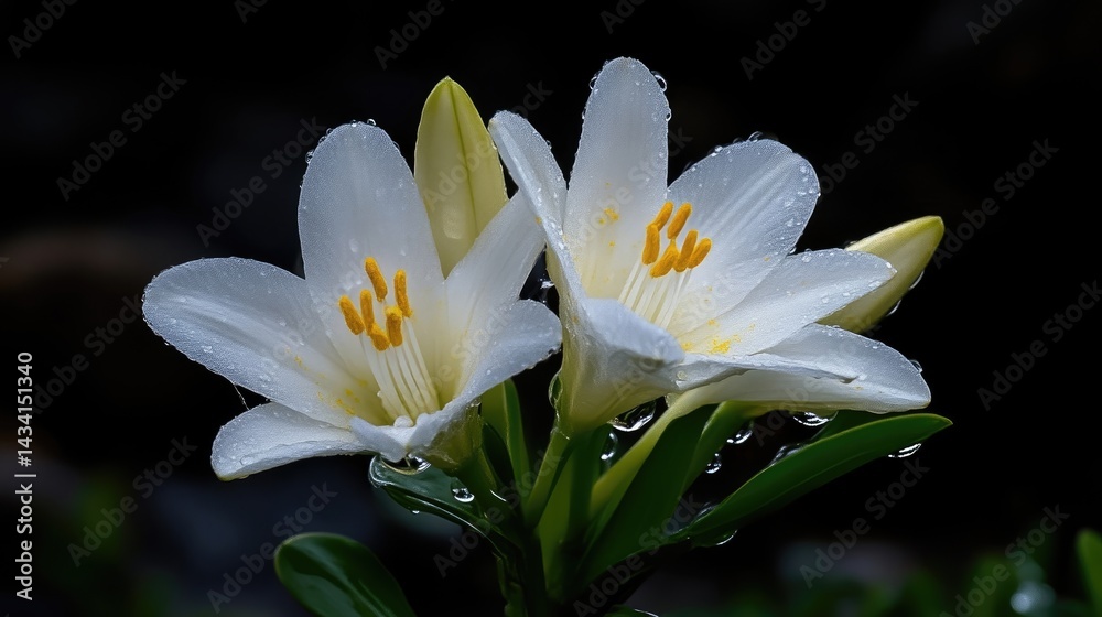 Fototapeta premium Close-up of two delicate, white lilies with water droplets, vibrant yellow stamens, and lush green foliage against a dark background