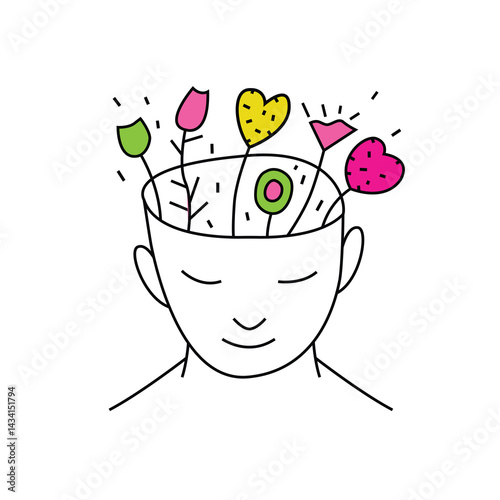 Head with flowers and heart symbolizing mind growth