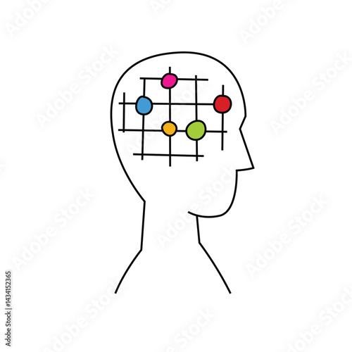 Vector icon, pictogram of a head with abstract grid and colored nodes.