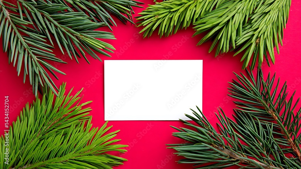 Fototapeta premium Blank white card on a red background surrounded by pine branches