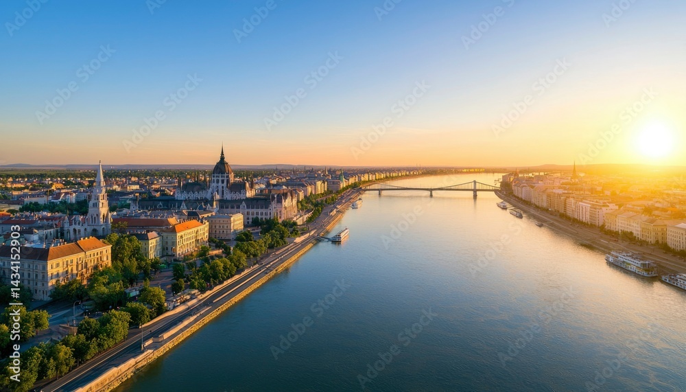 Obraz premium Panoramic sunrise over city with river