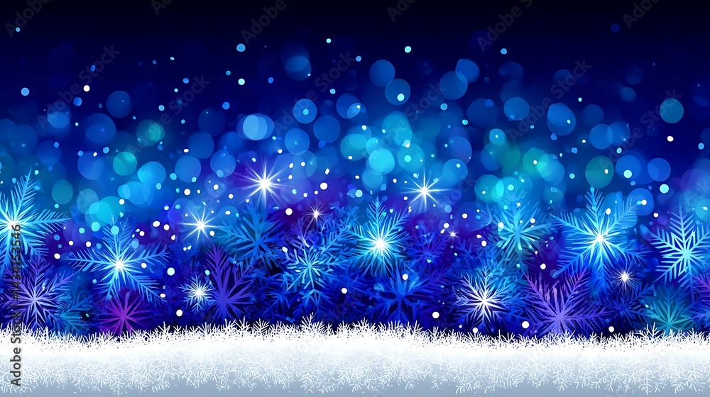 Obraz premium A dark blue background with white snow and a row of glowing blue snowflakes