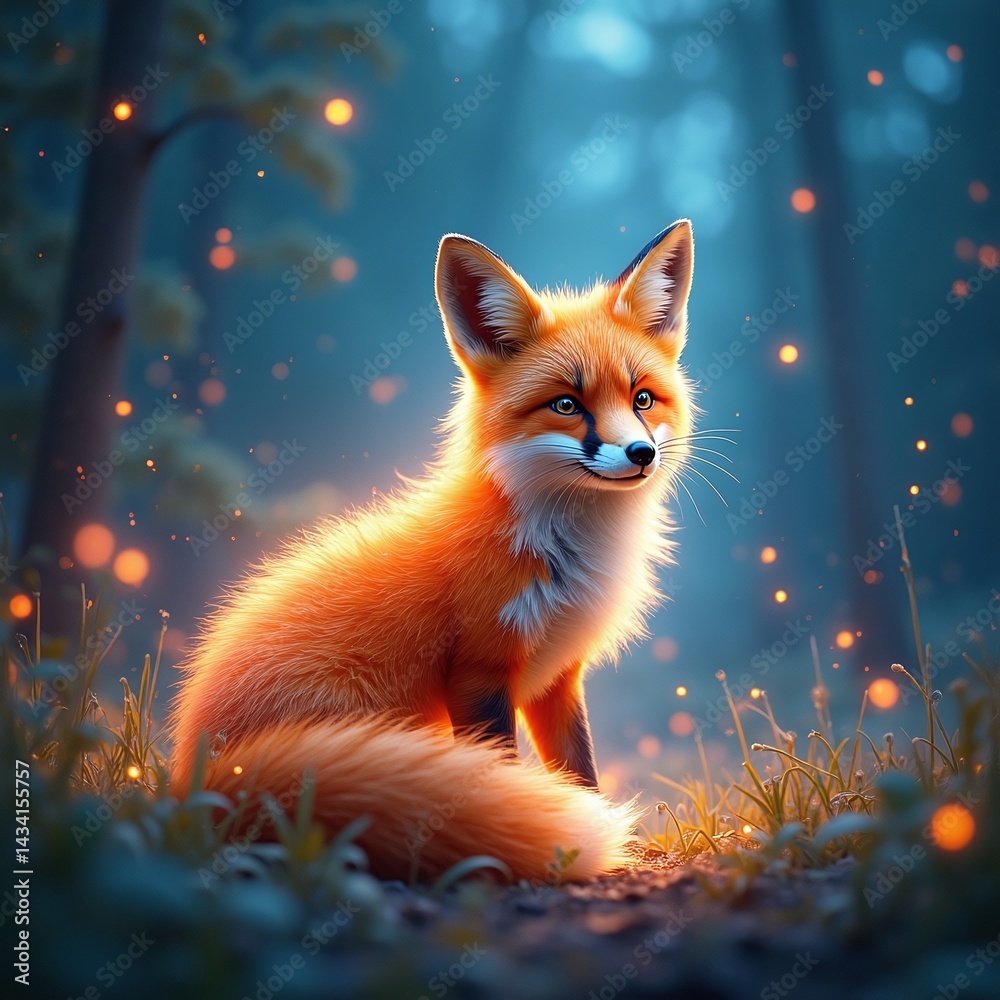 Obraz premium Magical Red Fox Sitting in a Glowing Forest Setting