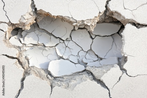 White cracked wall surface with a void revealing fractured white fragments beneath the outer shell