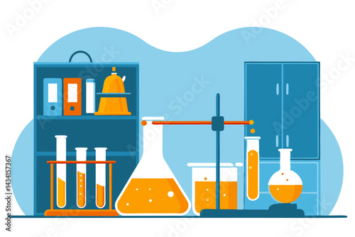 Laboratory Chemistry: A stylized illustration showcasing a dynamic laboratory scene with glassware, test tubes, and a vivid orange-yellow chemical reaction.