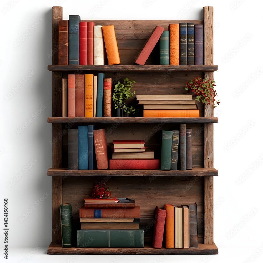 Vintage wooden bookshelf with assorted books