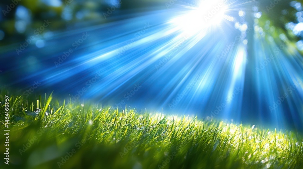 Fototapeta premium Sunlight Piercing Through Trees onto Grass