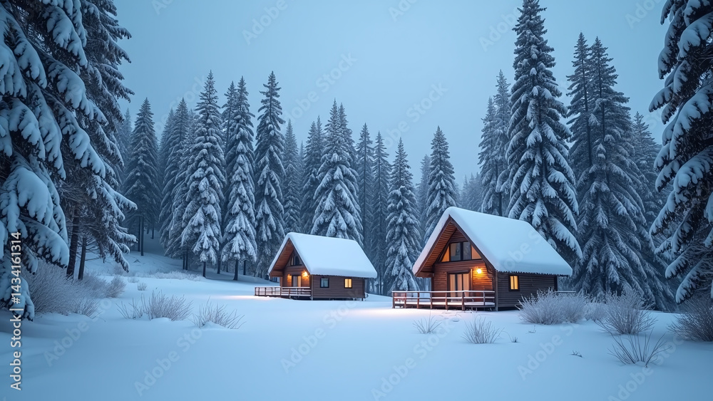 Naklejka premium Two Cabins in a Snowy Forest