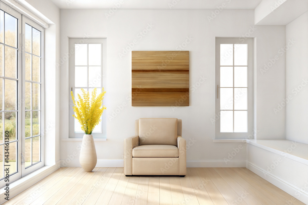 Fototapeta premium Minimalist living room with beige armchair, golden artwork, and yellow flower arrangements
