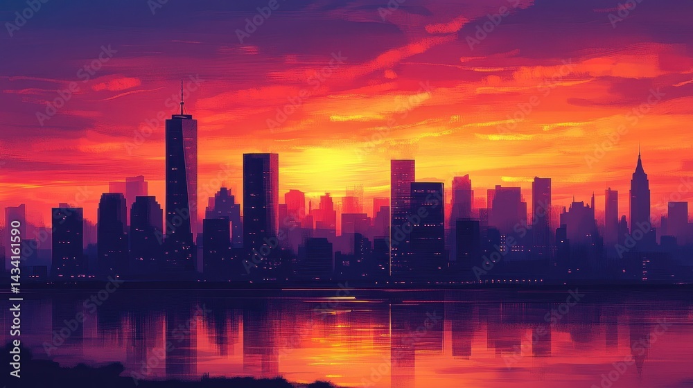 Obraz premium Vibrant city skyline at sunset. Fiery hues paint the sky above a silhouette of tall buildings reflecting on the water