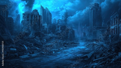 Desolate city ruins under a bleak, twilight sky.  Ruined buildings, debris, and a flooded street create a post-apocalyptic scene photo