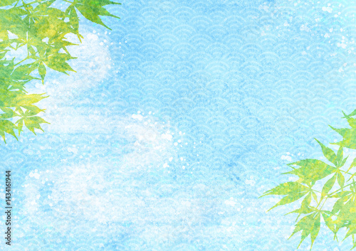 新緑がさわやかな水辺の水彩風和風背景