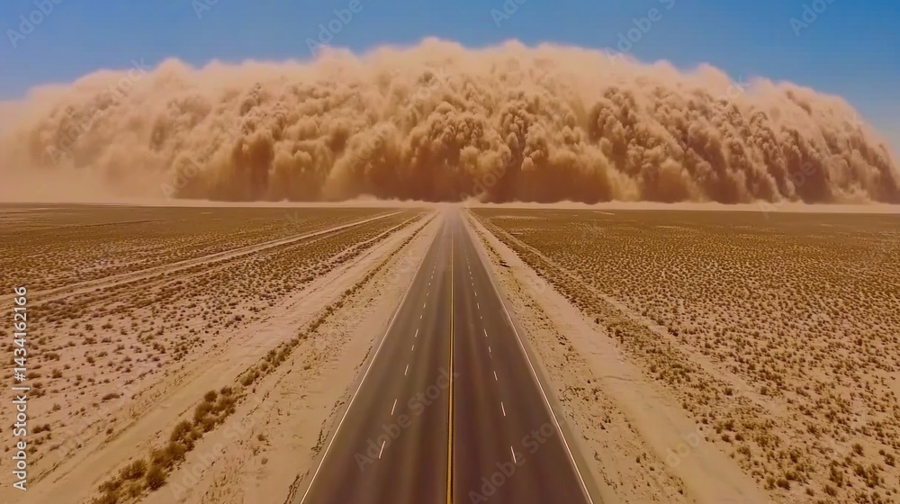 Fototapeta premium Desert highway dust storm approaching, aerial view. Use weather news, climate change