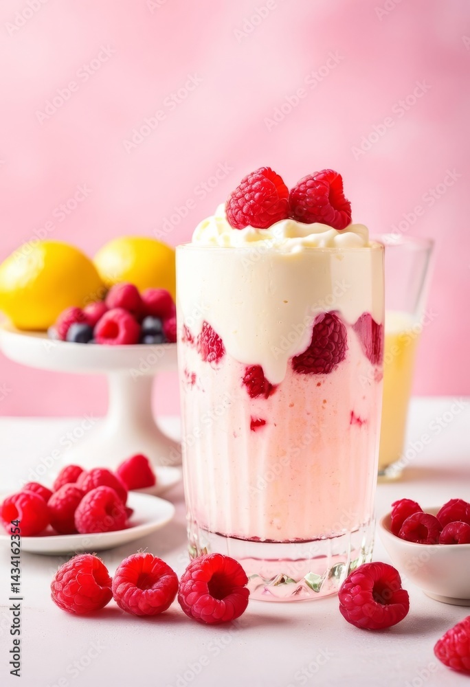 Dessert with raspberries. Lemons and other berries complete the attractive dish