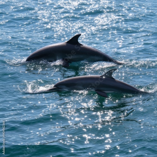 Dolphins Gleaming: Two Dolphins Gracefully Swimming in Sparkling Ocean