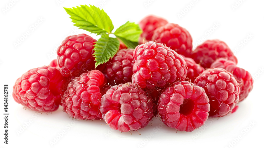 Cluster of ripe, deep red raspberries with vibrant green leaves, isolated on a stark white surface. Cluster of ripe, deep red raspberries with vibrant green leaves, isolated on a stark white surface.