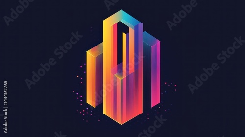 Abstract geometric cityscape design.  Colorful, 3D buildings in vibrant hues, overlaid and interlocked, create a dynamic, futuristic cityscape.  Dark background accentuates the colorful shapes