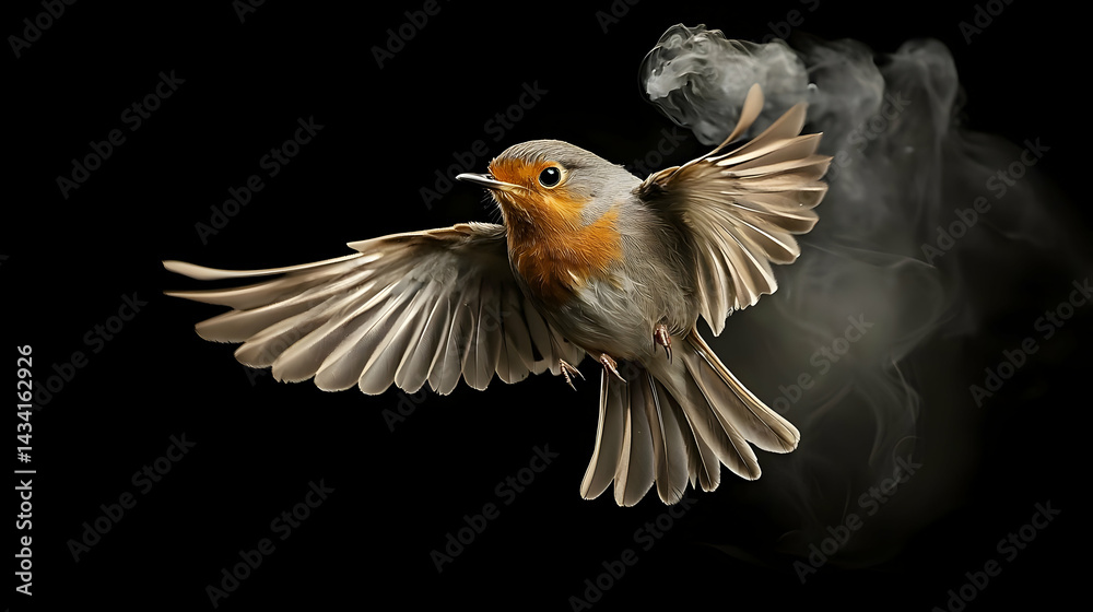Obraz premium Flying Robin In Smoke Against Black Background