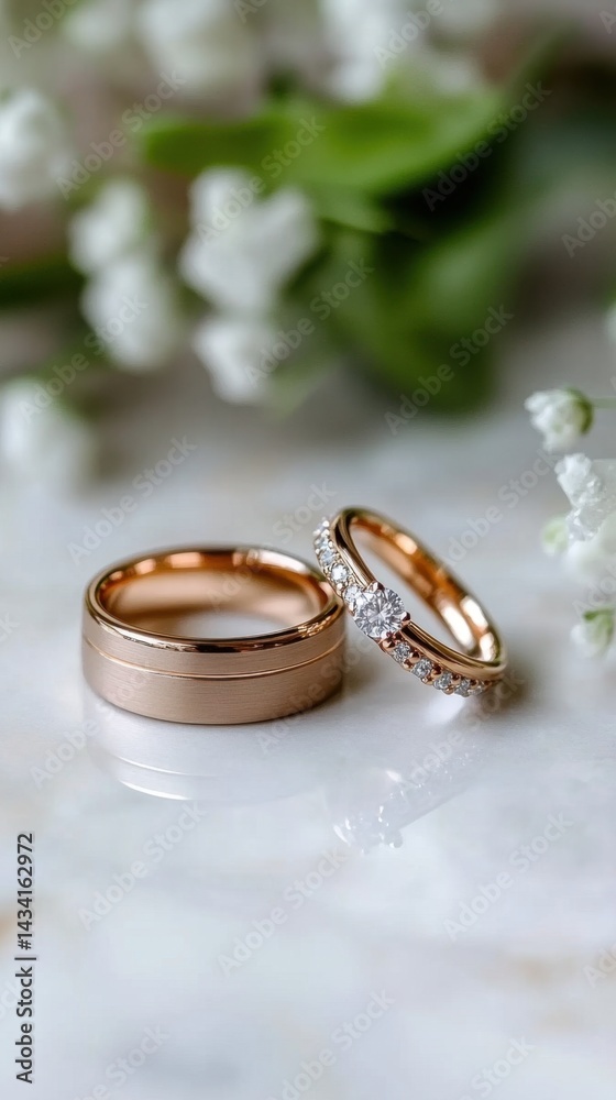 Elegant wedding bands on a marble surface with soft floral accents creating a romantic and timeless image perfect for bridal themes and jewelry showcases Elegant wedding bands on a marble surface with soft floral accents creating a romantic and timeless image perfect for bridal themes and jewelry showcases