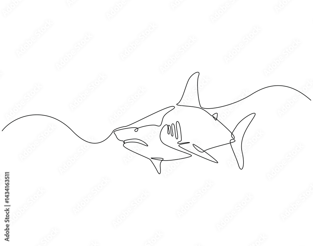 Obraz premium Continuous line drawing of shark fish. Single line illustration of shark fish swimming. Ocean predator fish concept. Editable outline