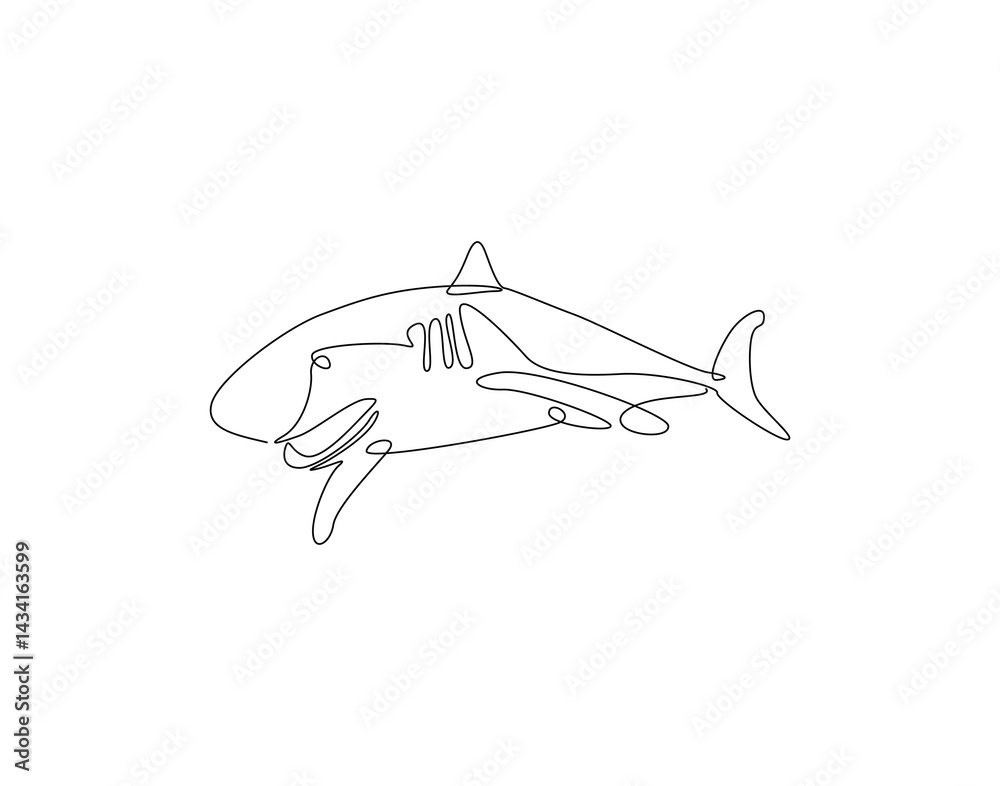 Obraz premium Continuous line drawing of shark fish. Single line illustration of shark fish swimming. Ocean predator fish concept. Editable outline