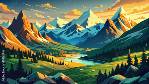 Very beautiful Verdant Valleys of the Canadian Rockies A Breathtaking Alpine Panorama with Snowcapped Peaks Bathed in the Warm Glow of Spring, Capturing the Essence of Natures Rebirth amidst Majestic 