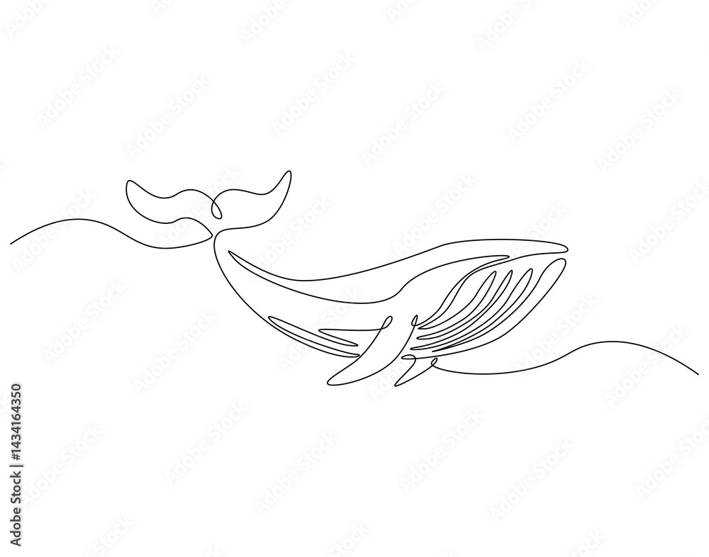 Fototapeta premium Continuous line drawing of blue whale. Single line illustration of blue whale swimming. Ocean mammal animal concept. Editable outline