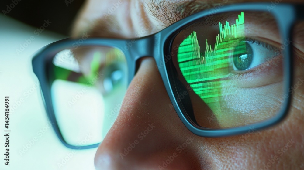 reflection of stock market charts in a man's glasses