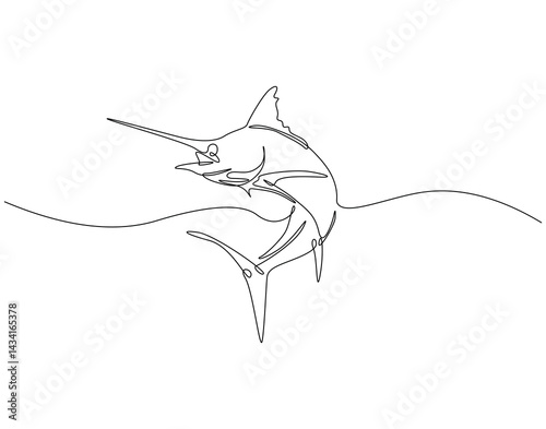Continuous line drawing of marlin fish. Single line illustration of swordfish. Large predatory fish concept. Editable outline