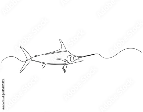Continuous line drawing of marlin fish. Single line illustration of swordfish. Large predatory fish concept. Editable outline
