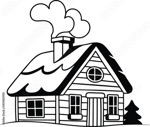 Cozy Cabin Silhouette Vector , house in winter, quiet, dusk, glowing, cabin silhouette, remote, idyllic, cozy home