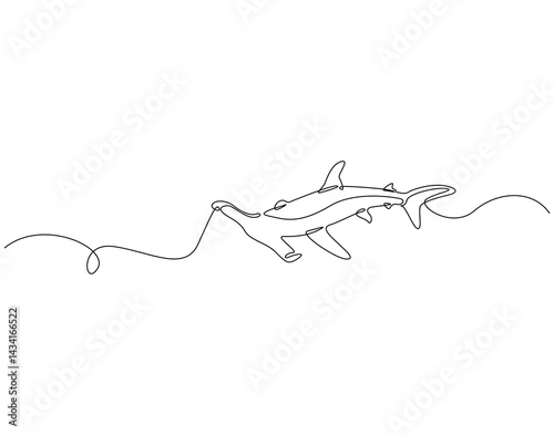 Continuous line drawing of hammerhead shark. Single line illustration of hammerhead shark fish. Ocean predator animal concept. Editable outline