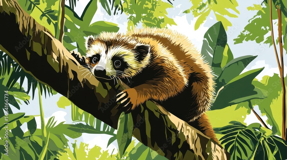 Fototapeta premium A plump, curious, possum-like animal perched on a jungle branch.
