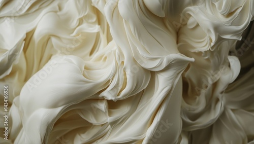 Creamy swirls, close-up texture, kitchen backdrop, food styling photo